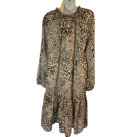 Studio A Leopard Babydoll Tiered Dress M 8–10 Long Sleeve Tie Neck Boho - Picture 3 of 8